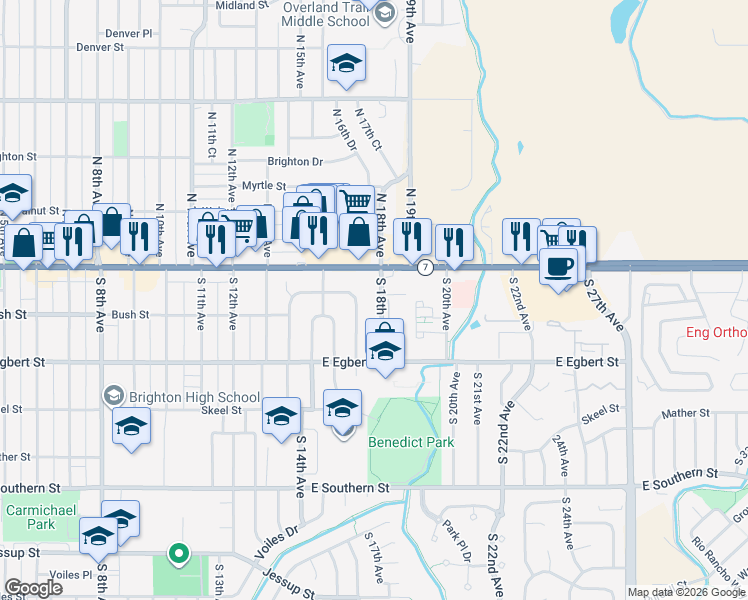map of restaurants, bars, coffee shops, grocery stores, and more near 73 South 18th Avenue in Brighton