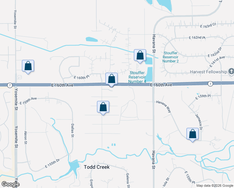 map of restaurants, bars, coffee shops, grocery stores, and more near 10089 East 159th Place in Brighton