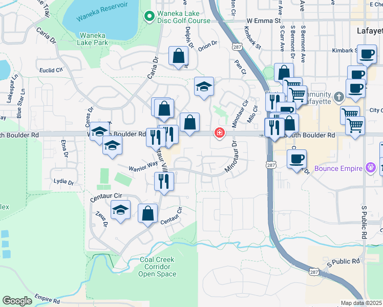 map of restaurants, bars, coffee shops, grocery stores, and more near 1147 James Court in Lafayette