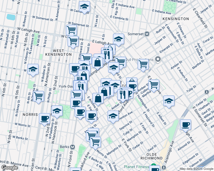 map of restaurants, bars, coffee shops, grocery stores, and more near 1936 East Cumberland Street in Philadelphia