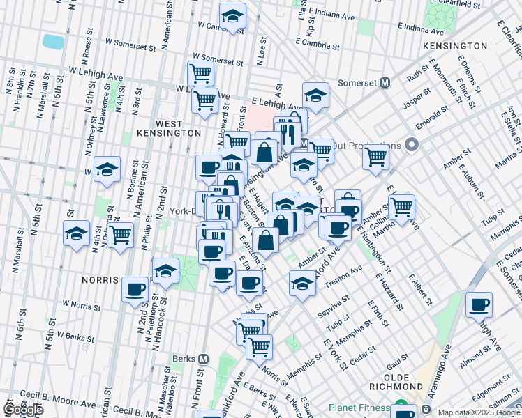 map of restaurants, bars, coffee shops, grocery stores, and more near 2421 Jasper Street in Philadelphia