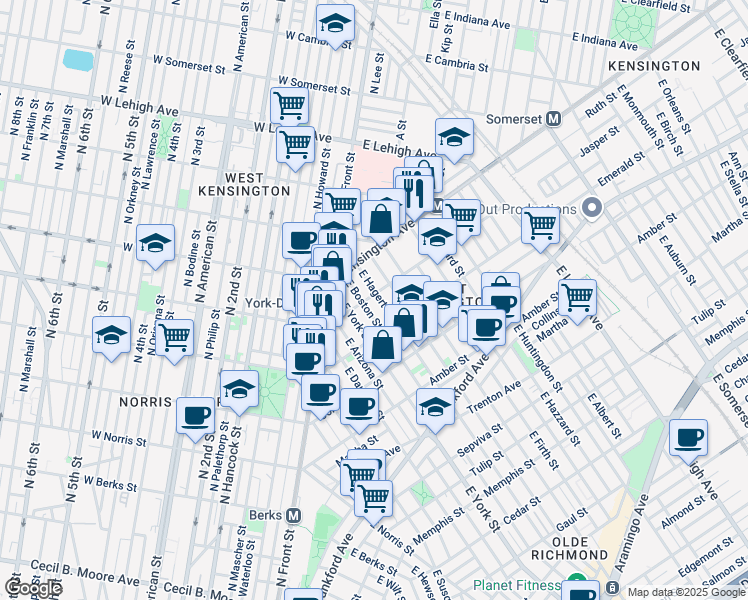 map of restaurants, bars, coffee shops, grocery stores, and more near 2421 Jasper Street in Philadelphia