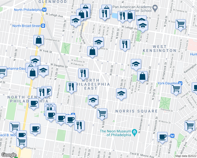 map of restaurants, bars, coffee shops, grocery stores, and more near 2224 North 7th Street in Philadelphia
