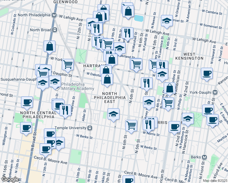 map of restaurants, bars, coffee shops, grocery stores, and more near 2224 North 7th Street in Philadelphia