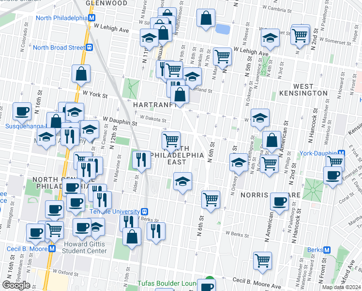 map of restaurants, bars, coffee shops, grocery stores, and more near 2230 North 8th Street in Philadelphia