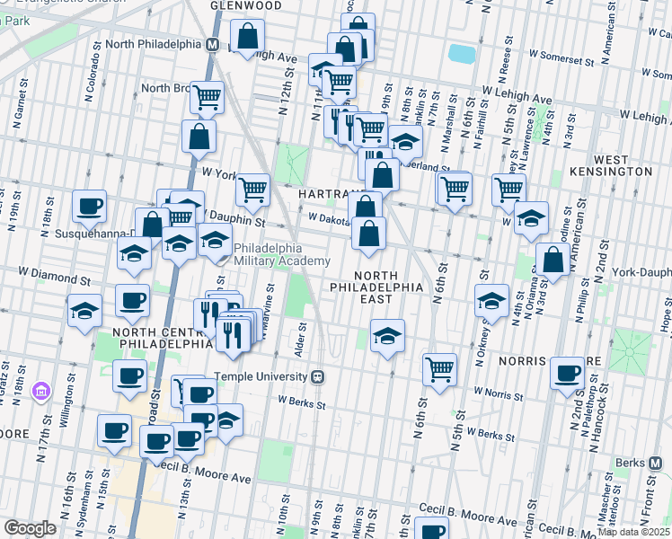 map of restaurants, bars, coffee shops, grocery stores, and more near 2209 North Delhi Street in Philadelphia