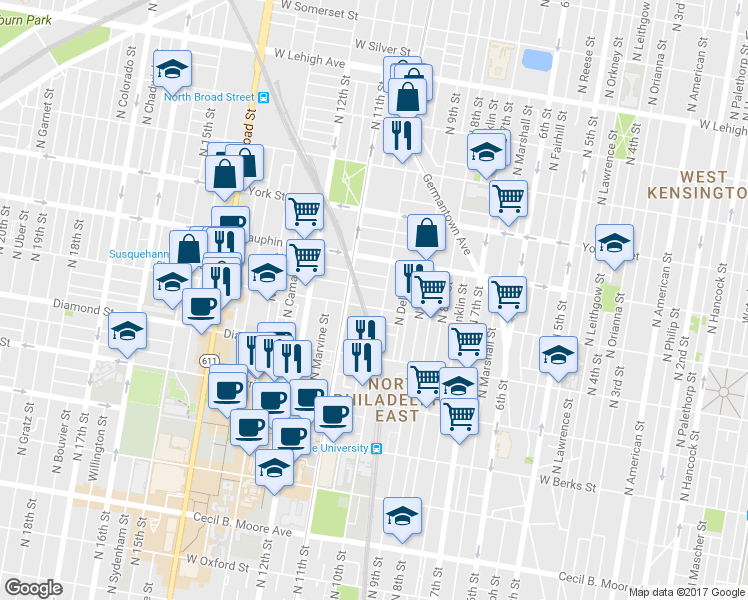 map of restaurants, bars, coffee shops, grocery stores, and more near 1040 West Susquehanna Avenue in Philadelphia
