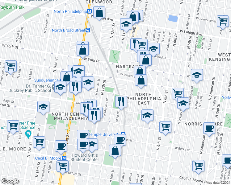 map of restaurants, bars, coffee shops, grocery stores, and more near 1040 West Susquehanna Avenue in Philadelphia