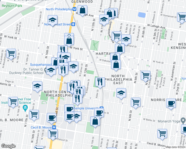 map of restaurants, bars, coffee shops, grocery stores, and more near 2145 North Marvine Street in Philadelphia