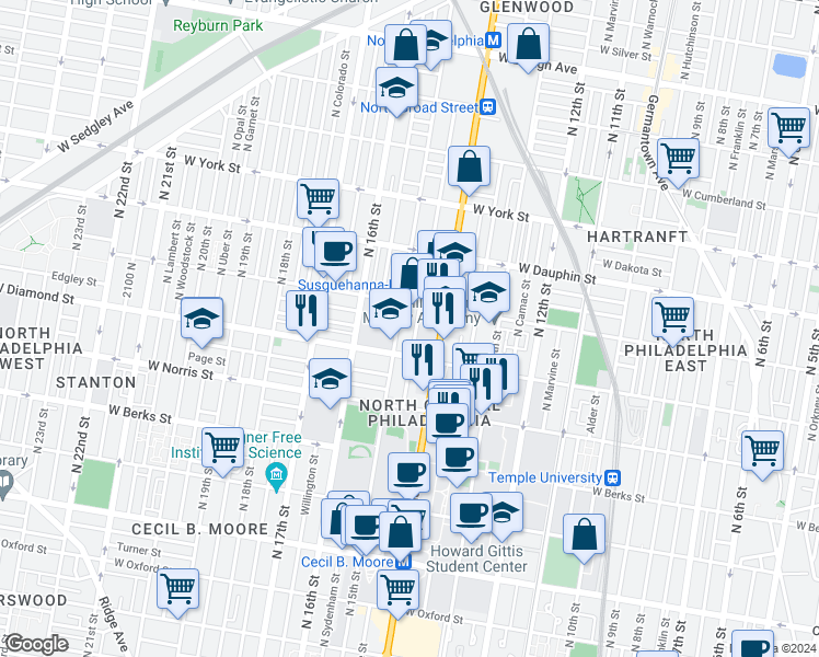 map of restaurants, bars, coffee shops, grocery stores, and more near 2126 North Carlisle Street in Philadelphia