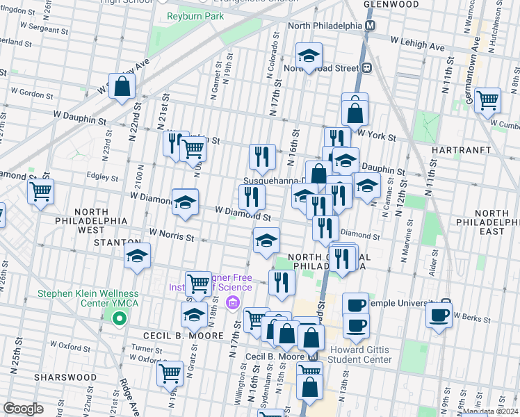 map of restaurants, bars, coffee shops, grocery stores, and more near in Philadelphia