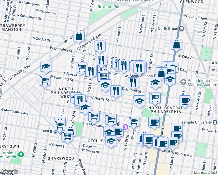 map of restaurants, bars, coffee shops, grocery stores, and more near in Philadelphia