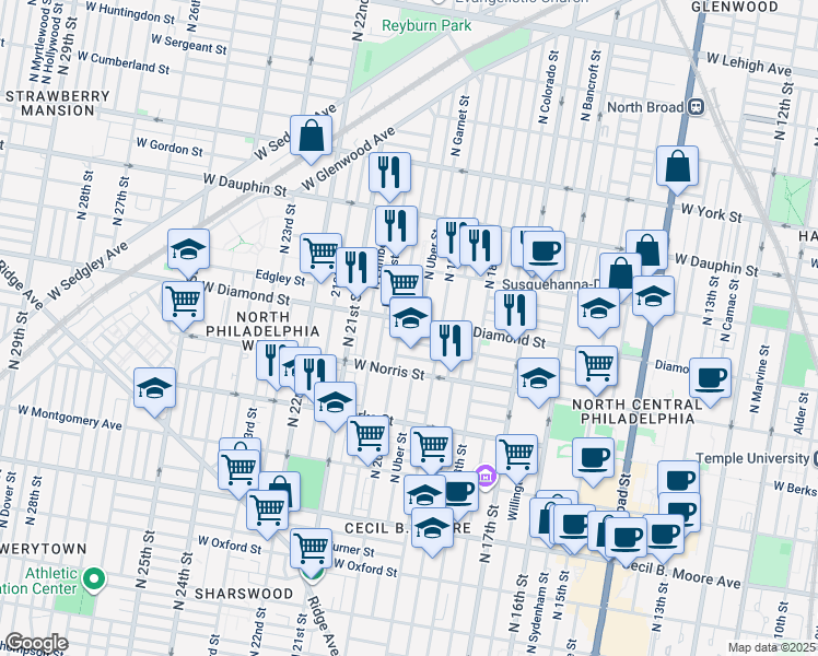 map of restaurants, bars, coffee shops, grocery stores, and more near 1938 West Diamond street in Philadelphia