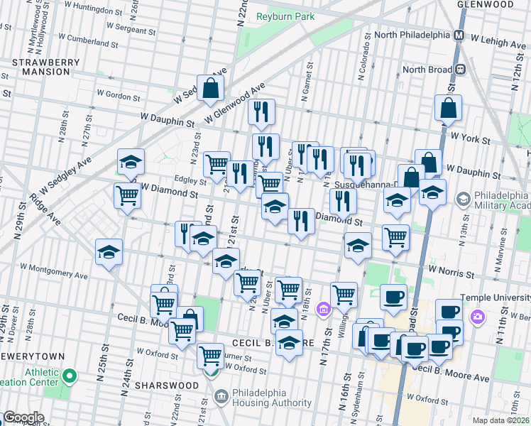 map of restaurants, bars, coffee shops, grocery stores, and more near 2042 North 20th Street in Philadelphia