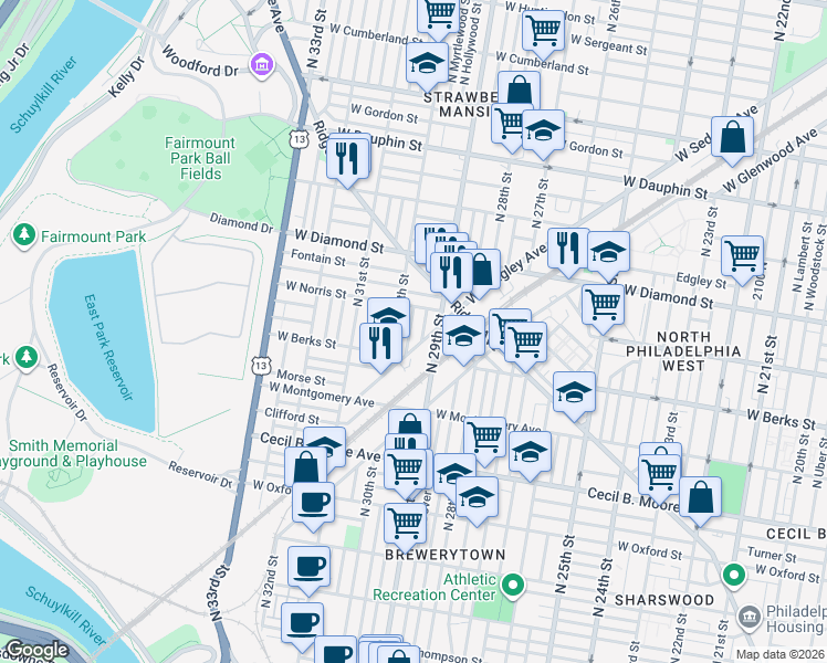 map of restaurants, bars, coffee shops, grocery stores, and more near 2915 West Sedgley Avenue in Philadelphia