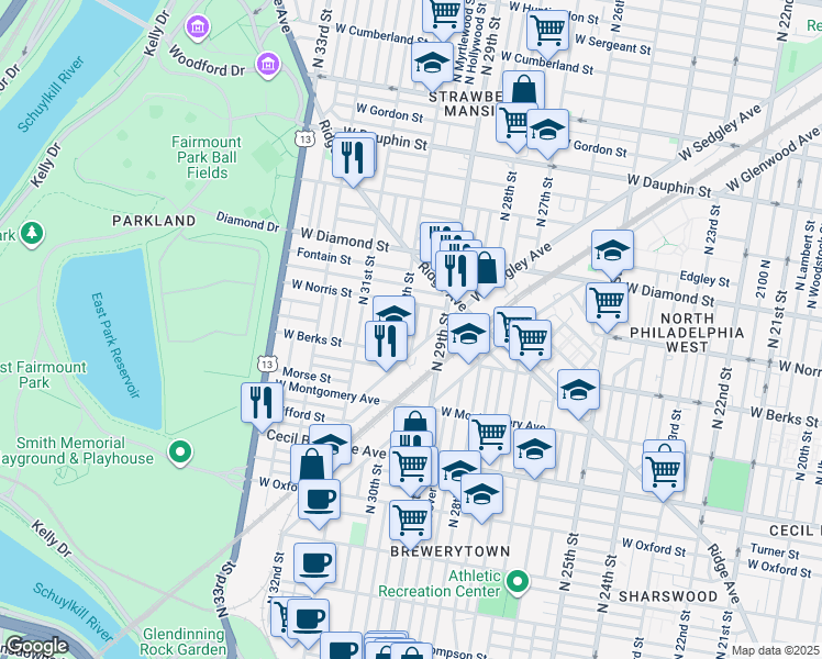 map of restaurants, bars, coffee shops, grocery stores, and more near 1932 North Myrtlewood Street in Philadelphia