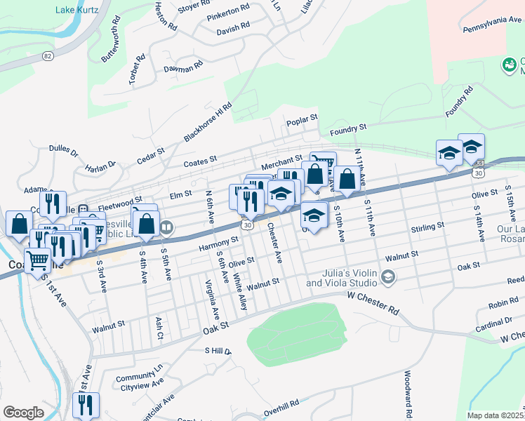 map of restaurants, bars, coffee shops, grocery stores, and more near 719 U.S. 30 Business in Coatesville