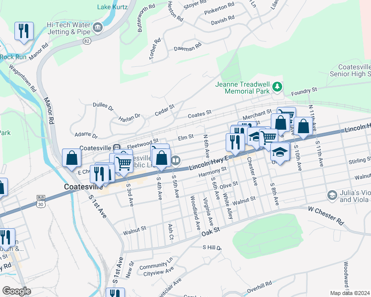 map of restaurants, bars, coffee shops, grocery stores, and more near 564 East Chestnut Street in Coatesville