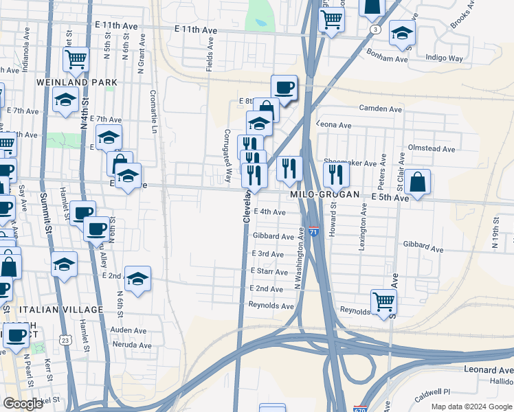 map of restaurants, bars, coffee shops, grocery stores, and more near 1042 Cleveland Avenue in Columbus