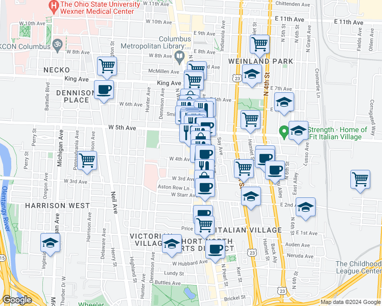 map of restaurants, bars, coffee shops, grocery stores, and more near 1139 North High Street in Columbus
