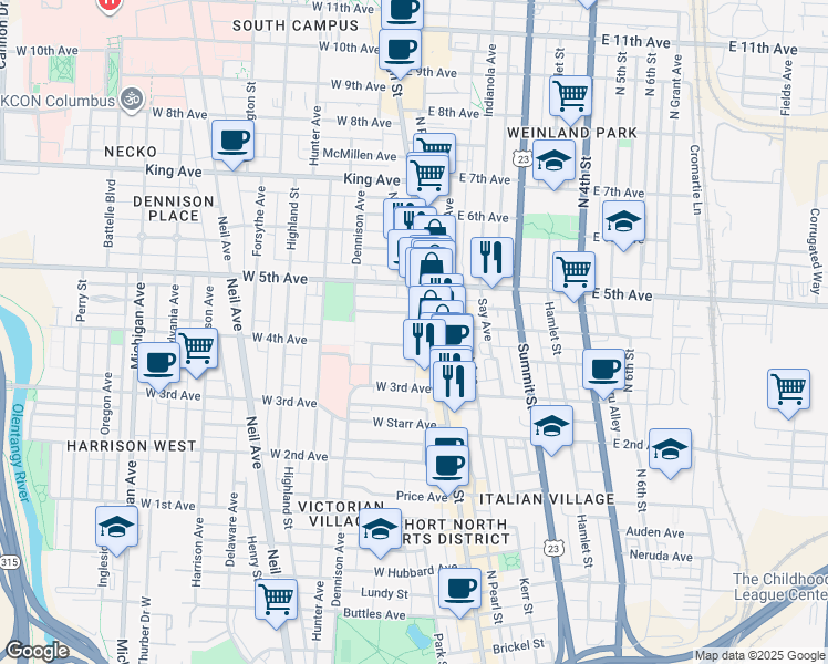 map of restaurants, bars, coffee shops, grocery stores, and more near 1139 North High Street in Columbus
