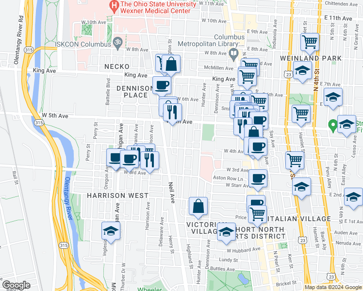 map of restaurants, bars, coffee shops, grocery stores, and more near 231 West 4th Avenue in Columbus