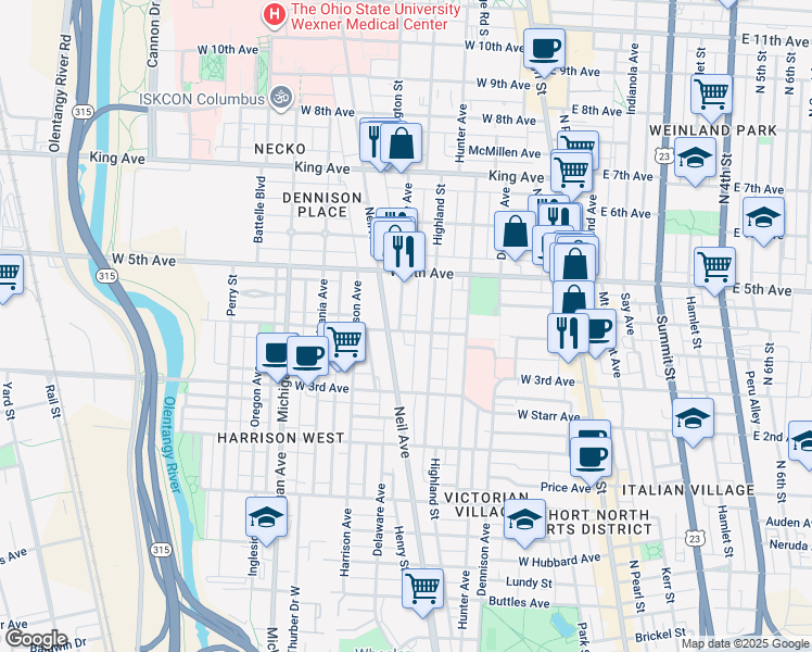 map of restaurants, bars, coffee shops, grocery stores, and more near 231 West 4th Avenue in Columbus