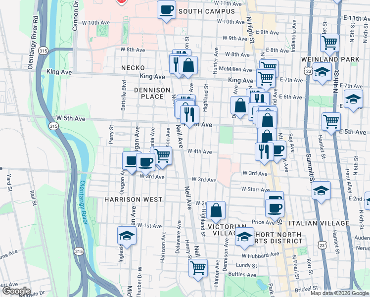 map of restaurants, bars, coffee shops, grocery stores, and more near 1175 Neil Avenue in Columbus