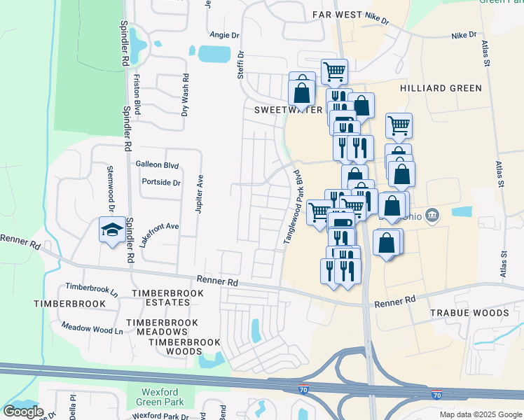 map of restaurants, bars, coffee shops, grocery stores, and more near 5733 Snow Drive in Hilliard