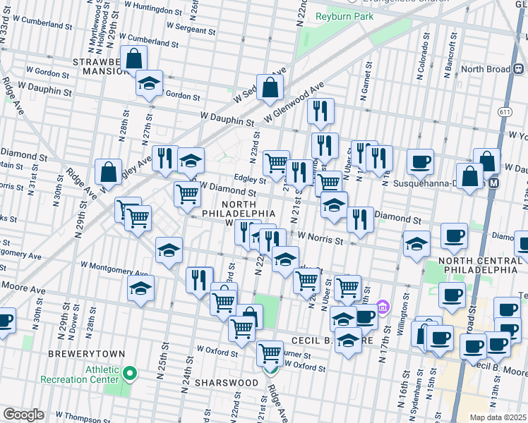 map of restaurants, bars, coffee shops, grocery stores, and more near 2018 North 22nd Street in Philadelphia