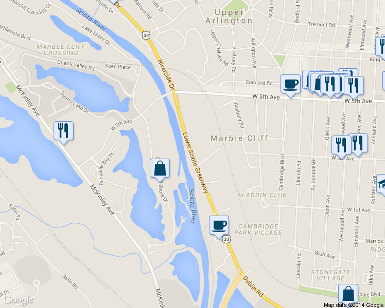 map of restaurants, bars, coffee shops, grocery stores, and more near 1427-1573 Lower Scioto Greenway in Columbus