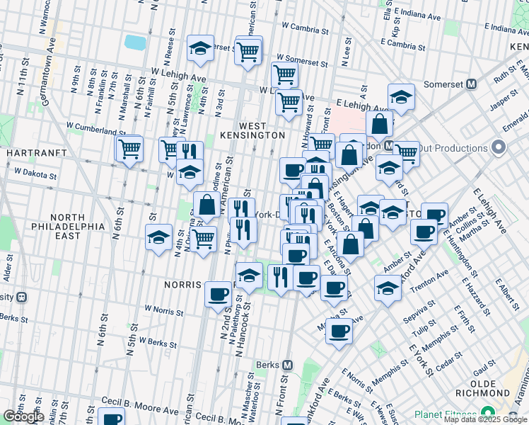 map of restaurants, bars, coffee shops, grocery stores, and more near 2317 North Hancock Street in Philadelphia