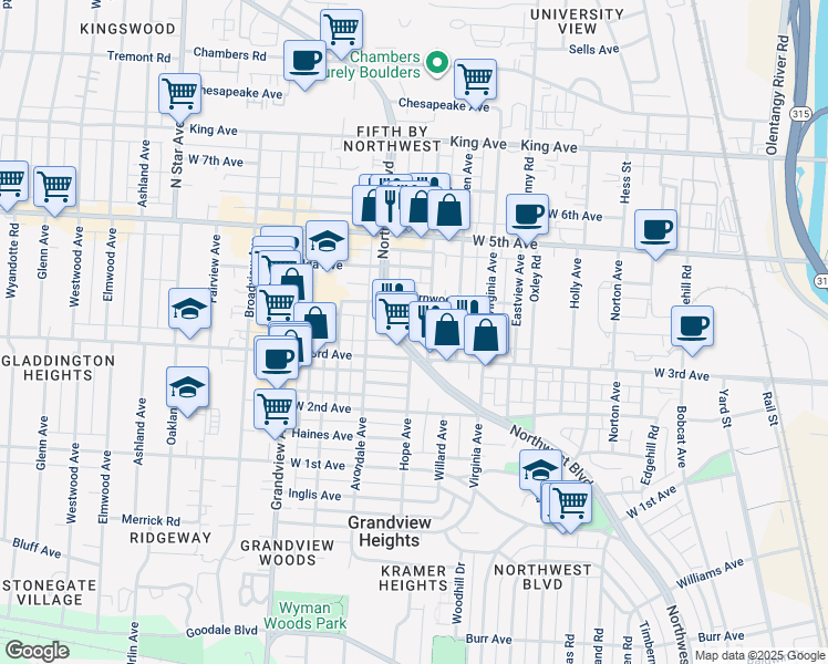map of restaurants, bars, coffee shops, grocery stores, and more near 1273 Brexton Place in Columbus