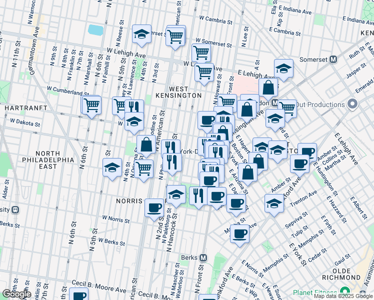 map of restaurants, bars, coffee shops, grocery stores, and more near 2317 North Hancock Street in Philadelphia