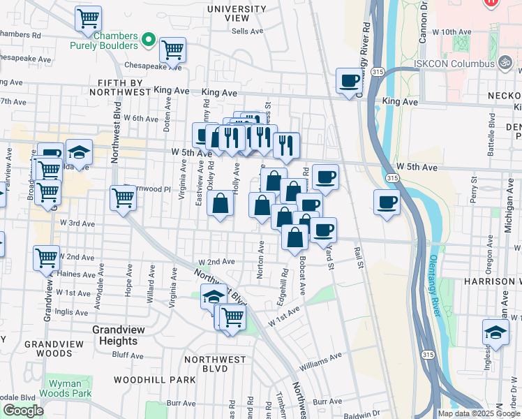map of restaurants, bars, coffee shops, grocery stores, and more near 1280 Norton Avenue in Columbus
