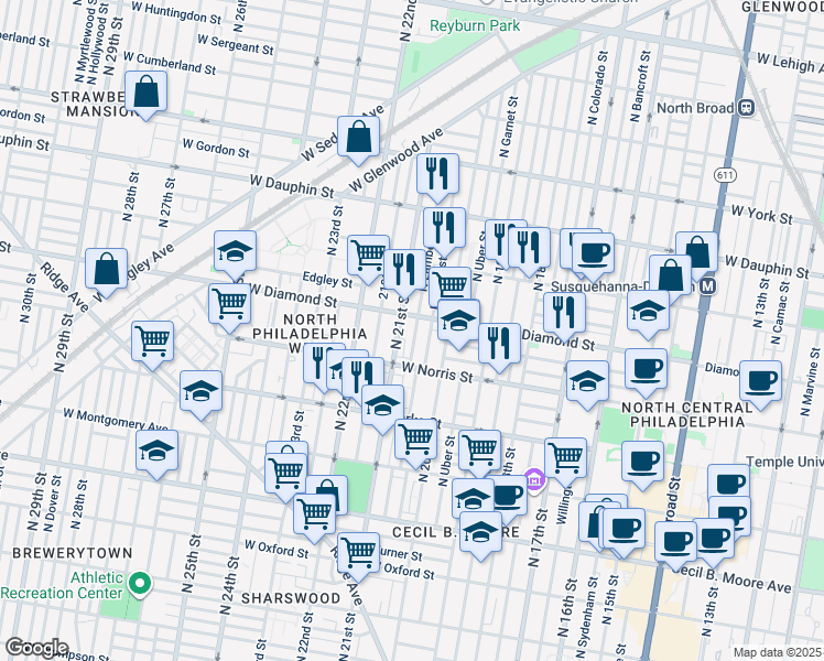map of restaurants, bars, coffee shops, grocery stores, and more near 2040 North Lambert Street in Philadelphia