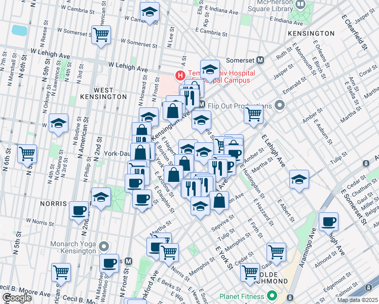 map of restaurants, bars, coffee shops, grocery stores, and more near 1936 East Cumberland Street in Philadelphia