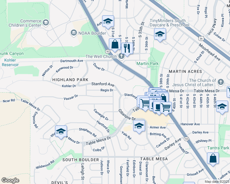 map of restaurants, bars, coffee shops, grocery stores, and more near 535 Gillaspie Drive in Boulder