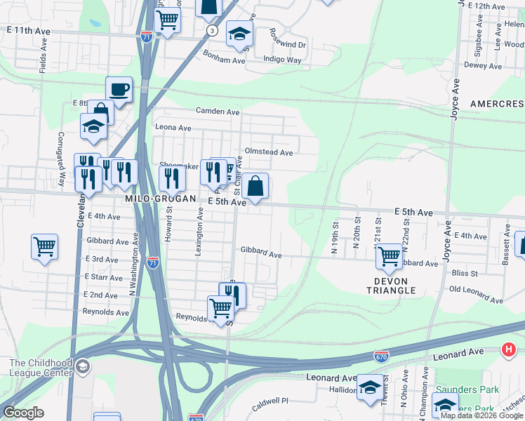 map of restaurants, bars, coffee shops, grocery stores, and more near 995 East 5th Avenue in Columbus