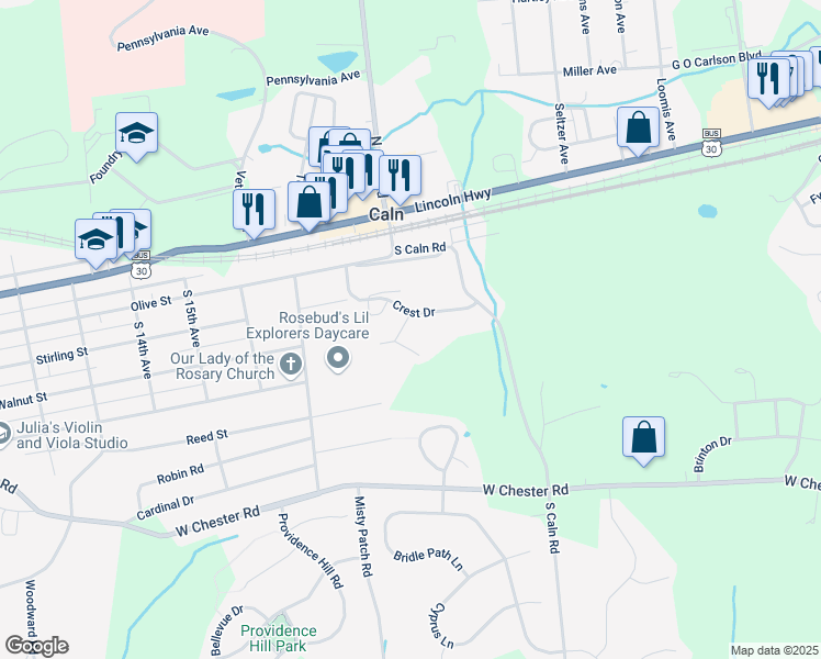 map of restaurants, bars, coffee shops, grocery stores, and more near 213 Andrew Road in Coatesville