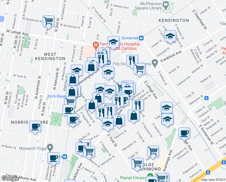 map of restaurants, bars, coffee shops, grocery stores, and more near 2012 East Sergeant Street in Philadelphia