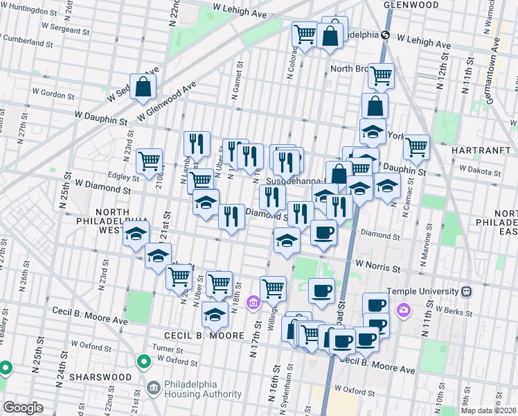 map of restaurants, bars, coffee shops, grocery stores, and more near 1717 Fr. P. Washington Avenue in Philadelphia