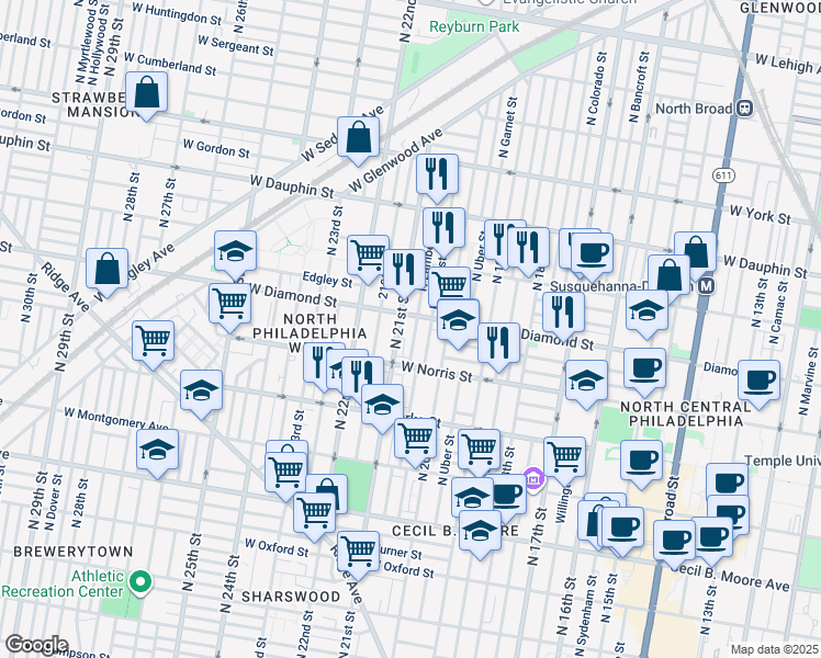 map of restaurants, bars, coffee shops, grocery stores, and more near 2040 North Lambert Street in Philadelphia