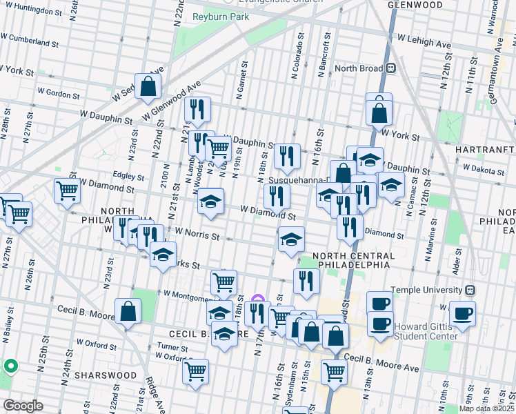 map of restaurants, bars, coffee shops, grocery stores, and more near 1745 West Diamond street in Philadelphia