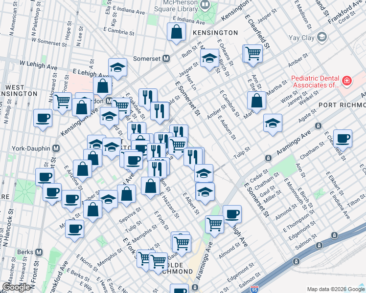 map of restaurants, bars, coffee shops, grocery stores, and more near 2693 Collins Street in Philadelphia