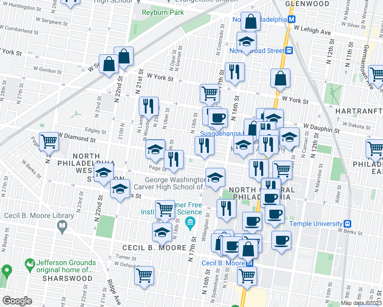 map of restaurants, bars, coffee shops, grocery stores, and more near 1743 West Diamond street in Philadelphia
