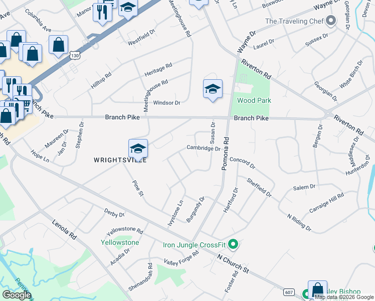 map of restaurants, bars, coffee shops, grocery stores, and more near 115 Cambridge Court in Cinnaminson