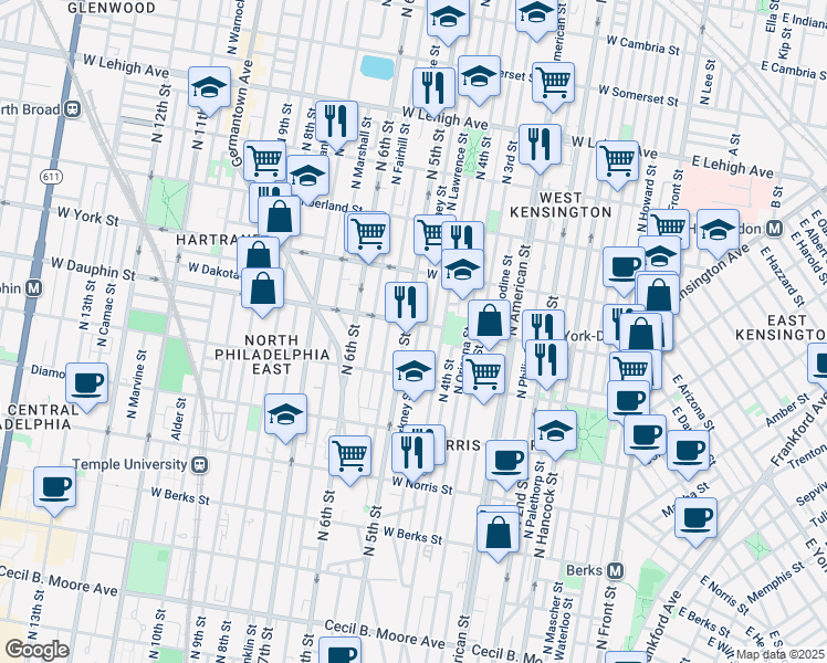 map of restaurants, bars, coffee shops, grocery stores, and more near 2261 North 5th Street in Philadelphia