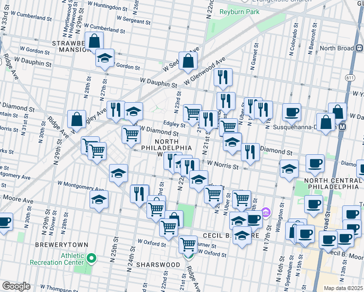 map of restaurants, bars, coffee shops, grocery stores, and more near 2018 North 22nd Street in Philadelphia
