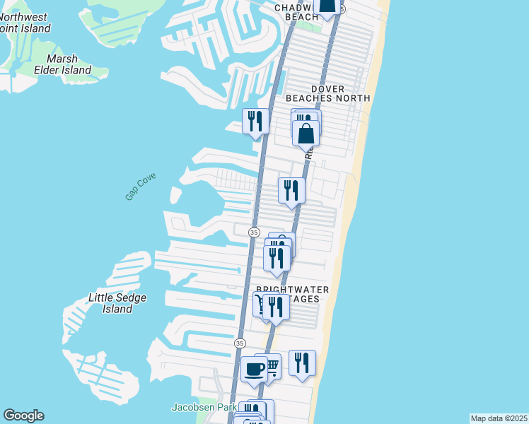 map of restaurants, bars, coffee shops, grocery stores, and more near 114 West Sea Way in Lavallette